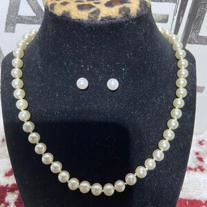 Bundle of Faux Pearl Necklace and Stud Pierced Earrings
